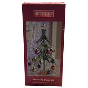 Pier 1 Imports Glass Christmas Tree Wine Charm Set With 12 Ornament Charms And D